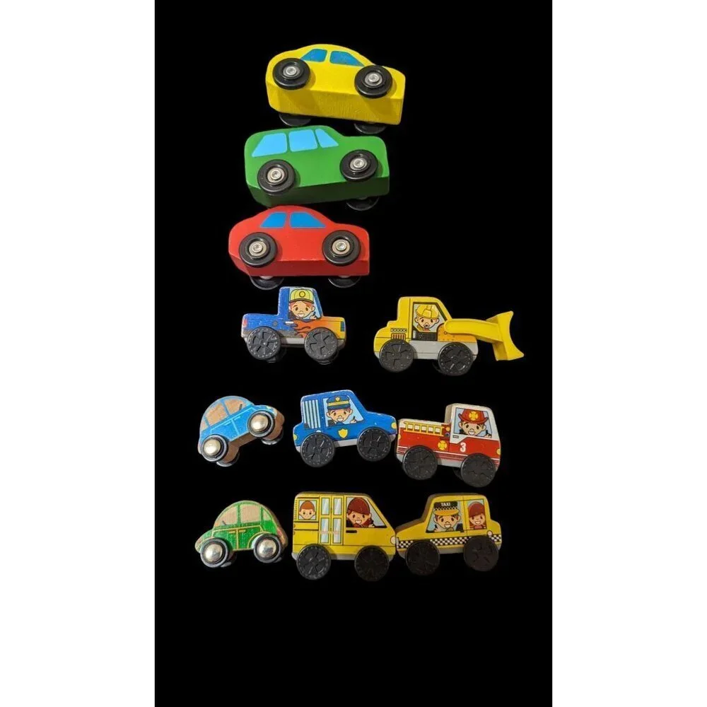 Vintage Wooden Toy Car Set - 9 Colorful Vehicles‎ - Kids Playtime Fun!